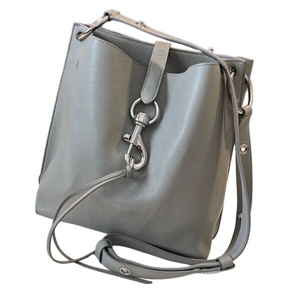 Rebecca Minkoff Megan Gray Leather Adjustable Strap Crossbody Bucket Bag - Picture 2 of 12